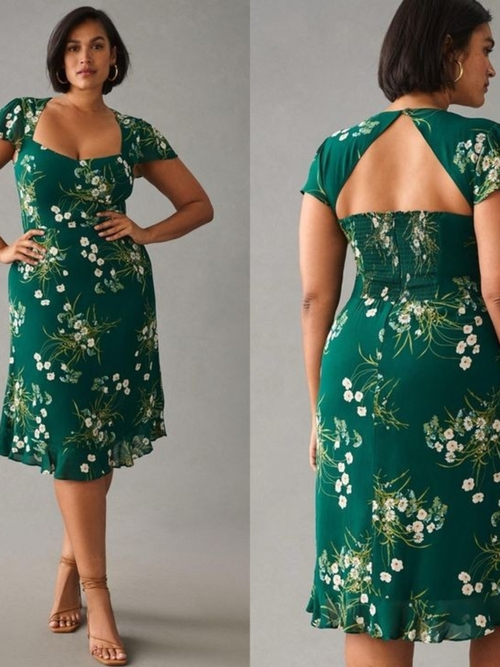 RIHOAS Emerald Green Floral Square-Back Midi Dress